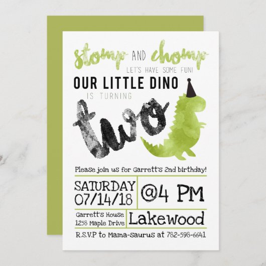 Dinosaur Invitation Stomp and Chomp 2nd Birthday Kaart (Voorkant / Achterkant)