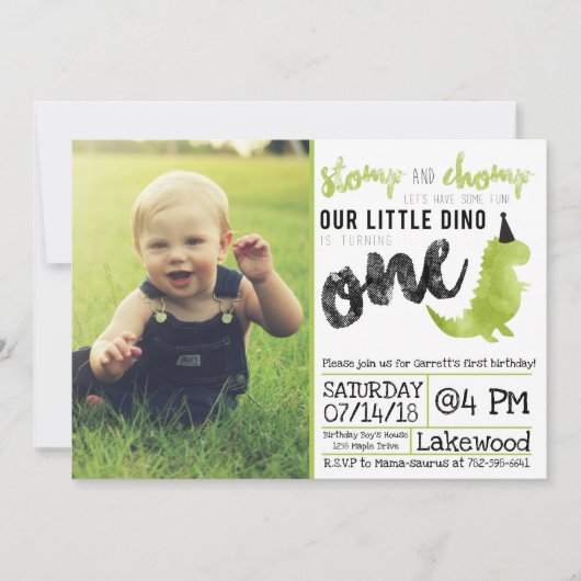 Dinosaur Invitation Stomp and Chomp First Birthday Kaart (Voorkant)
