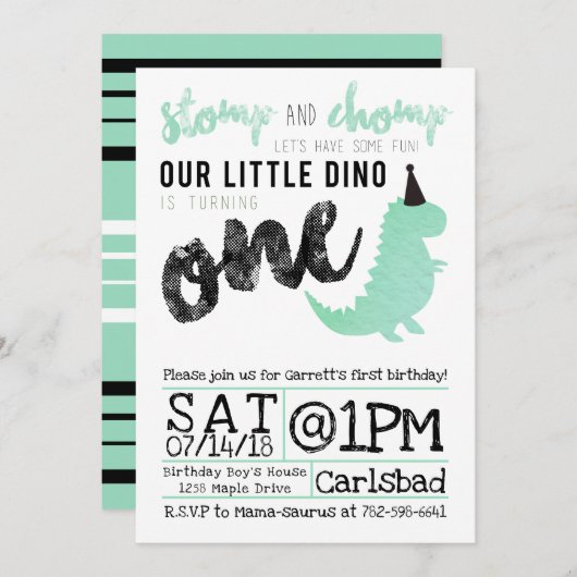 Dinosaur Invitation Stomp and Chomp First Birthday Kaart (Voorkant / Achterkant)