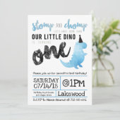 Dinosaur Invitation Stomp and Chomp First Birthday Kaart (Staand voorkant)