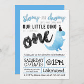 Dinosaur Invitation Stomp and Chomp First Birthday Kaart (Voorkant / Achterkant)