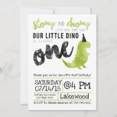 Dinosaur Invitation Stomp and Chomp First Birthday Kaart (Voorkant)