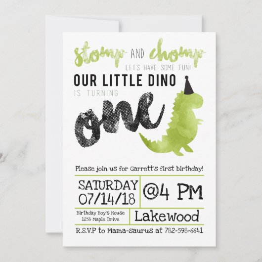Dinosaur Invitation Stomp and Chomp First Birthday Kaart (Voorkant)