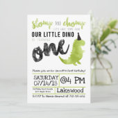 Dinosaur Invitation Stomp and Chomp First Birthday Kaart (Staand voorkant)