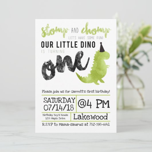Dinosaur Invitation Stomp and Chomp First Birthday Kaart (Staand voorkant)
