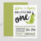 Dinosaur Invitation Stomp and Chomp First Birthday Kaart (Voorkant / Achterkant)