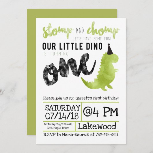 Dinosaur Invitation Stomp and Chomp First Birthday Kaart (Voorkant / Achterkant)