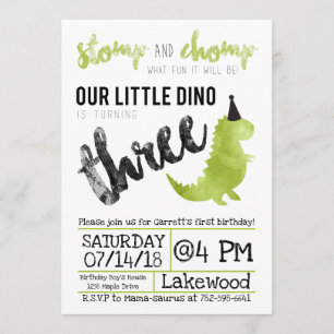 Dinosaur Invitation Stomp and Chomp Third Birthday Kaart