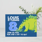 Dinosaur-jarig jongetje 8e blauwe groene uitnodigi kaart (Staand voorkant)