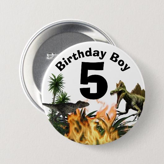 Dinosaur jarig jongetje t-rex vlammenpalm ronde button 7,6 cm (Voorkant /achterkant)