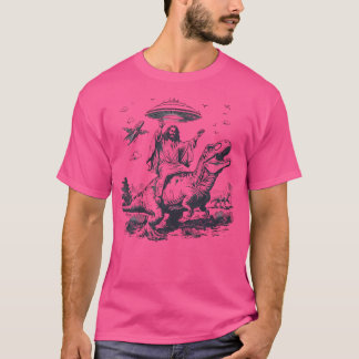 Dinosaur Jesus Riding T Rex Buitenaards Ruimteschi T-shirt