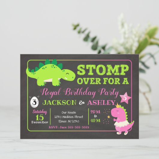 Dinosaur Joint Birthday Invitation / Boy & Girl Kaart (Staand voorkant)