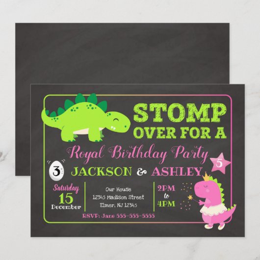 Dinosaur Joint Birthday Invitation / Boy & Girl Kaart (Voorkant / Achterkant)