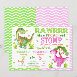 Dinosaur Joint Birthday Invitation for Boy & Girl Kaart