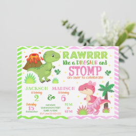 Dinosaur Joint Birthday Invitation for Boy & Girl Kaart