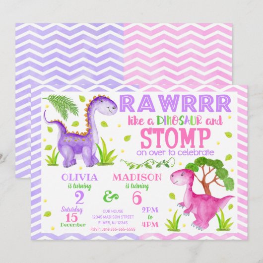 Dinosaur Joint Birthday Invitation for Girls Kaart (Voorkant / Achterkant)
