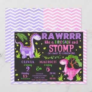 Dinosaur Joint Birthday Invitation for Girls Kaart