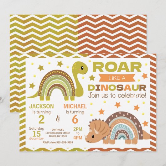 Dinosaur Joint Birthday Invitation for Siblings Kaart (Voorkant / Achterkant)