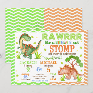 Dinosaur Joint Birthday Invitation for Siblings Kaart