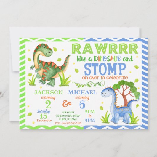 Dinosaur Joint Birthday Invitation for Siblings Kaart (Voorkant)