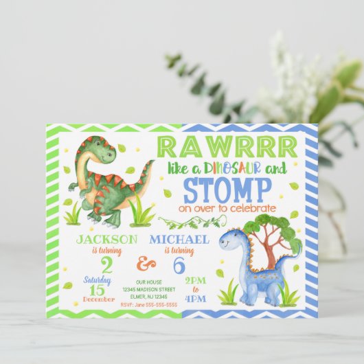 Dinosaur Joint Birthday Invitation for Siblings Kaart (Staand voorkant)