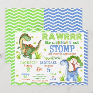 Dinosaur Joint Birthday Invitation for Siblings Kaart