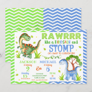 Dinosaur Joint Birthday Invitation for Siblings Kaart