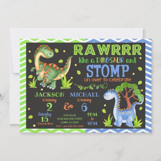 Dinosaur Joint Birthday Invitation for Siblings Kaart (Voorkant)