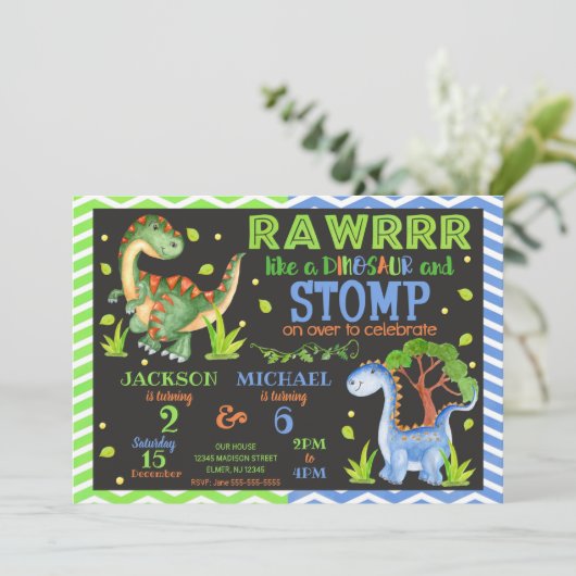 Dinosaur Joint Birthday Invitation for Siblings Kaart (Staand voorkant)