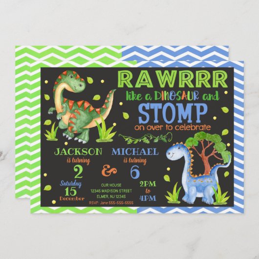 Dinosaur Joint Birthday Invitation for Siblings Kaart (Voorkant / Achterkant)