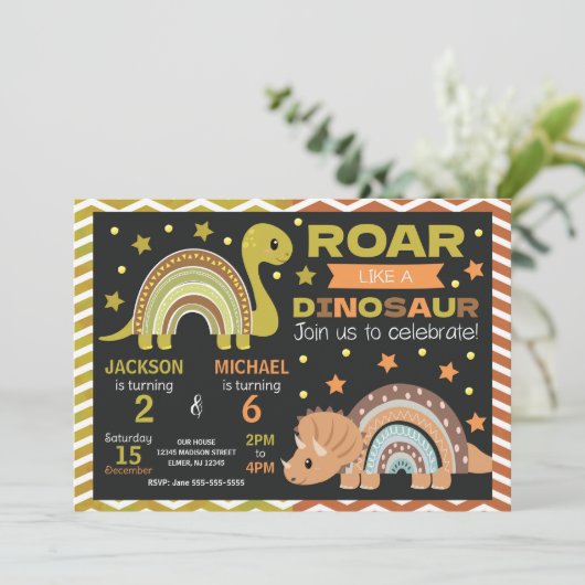 Dinosaur Joint Birthday Invitation for Siblings Kaart (Staand voorkant)