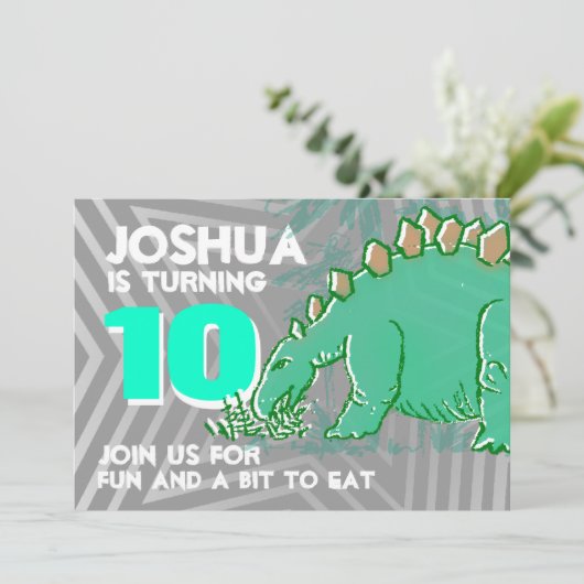 Dinosaur jongen 10e verjaardag groene grijze uitno kaart (Staand voorkant)