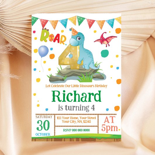 Dinosaur jongen 4th Birthday Invitation Kaart