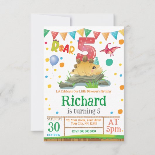 Dinosaur jongen 5th Birthday Uitnodiging (Voorkant)