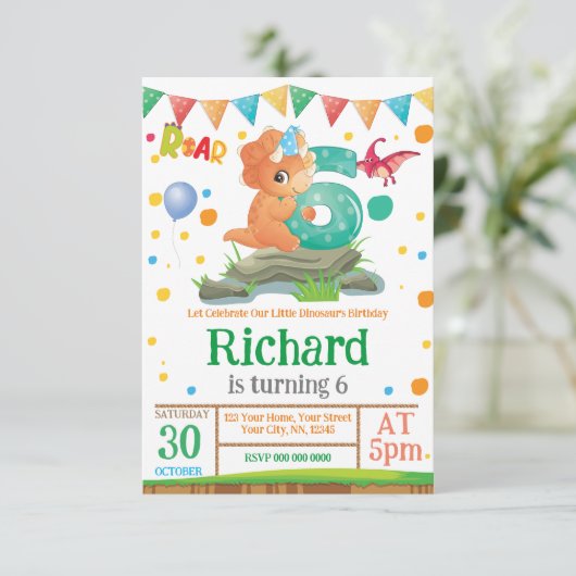 Dinosaur jongen 6th Birthday Uitnodiging (Staand voorkant)
