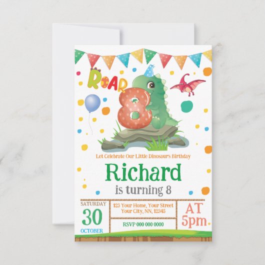 Dinosaur jongen 8th Birthday Uitnodiging (Voorkant)