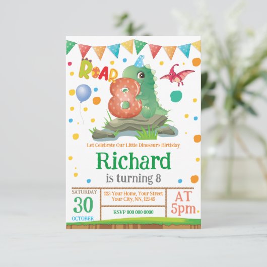 Dinosaur jongen 8th Birthday Uitnodiging (Staand voorkant)