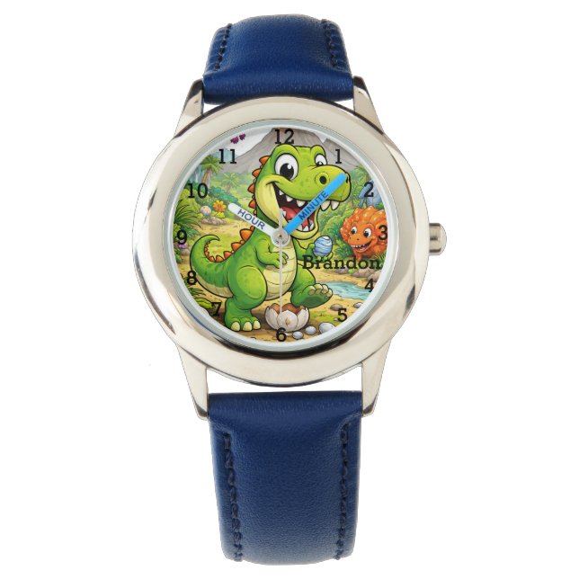 Dinosaur Jongen Modern Groene Trex Aangepaste Naam Horloge (Voorkant)