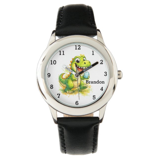 Dinosaur Jongen Modern Groene Trex Aangepaste Naam Horloge (Voorkant)