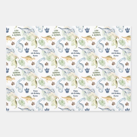 Dinosaur Jongen Pastel Blauw Groene Naam Inpakpapier Vel (Voorkant)