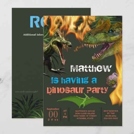 Dinosaur jongens thema verjaardagsfeest t-rex vlam kaart (Voorkant / Achterkant)
