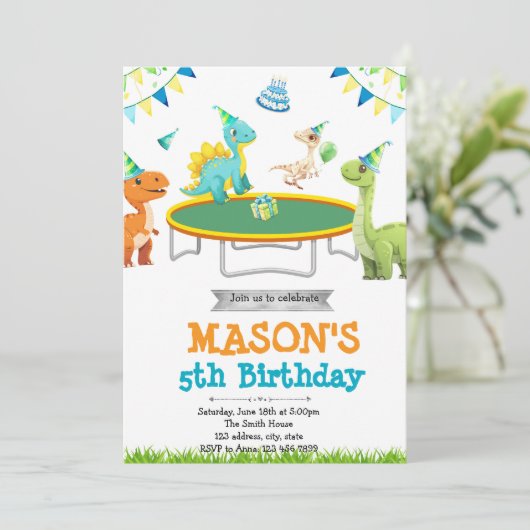 Dinosaur jump party uitnodiging (Staand voorkant)
