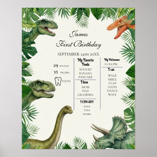 Dinosaur Jungle 1st Birthday Milestone Poster (Voorkant)