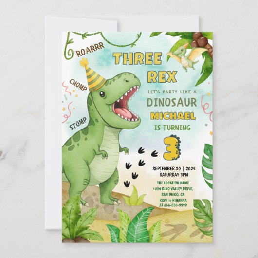 Dinosaur Jurassic Three Rex 3e verjaardag Kaart (Voorkant)