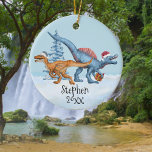 Dinosaur Kerstaptor Waterverf Naam Keramisch Ornament<br><div class="desc">Dit ontwerp kan op het gebied worden gepersonaliseerd dat door de foto en/of tekst te veranderen wordt verstrekt. Of het kan worden aangepast door te klikken deze Sjabloon personaliseert en dan de klik te kiezen om verdere optie aan te passen en de kleur van de achtergrond te schrappen of te...</div>