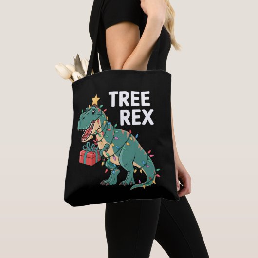 Dinosaur-kerstboom Rex Pajamas Xmas lights Tote Bag (Dichtbij)