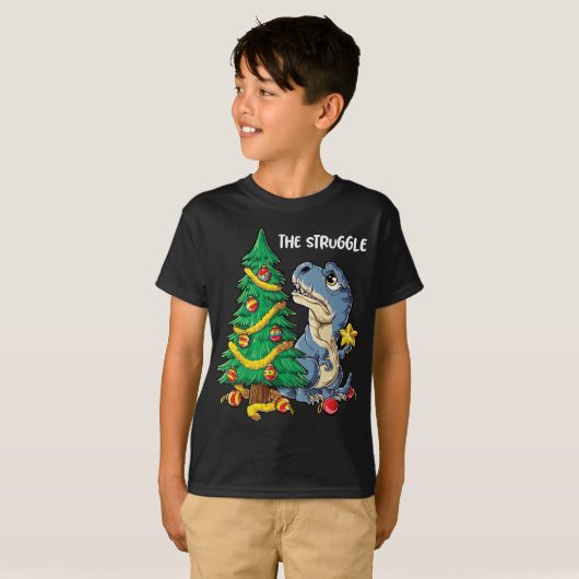 Dinosaur kerstboom Rex the Struggle Boys Xmas T-shirt (Voorkant volledig)