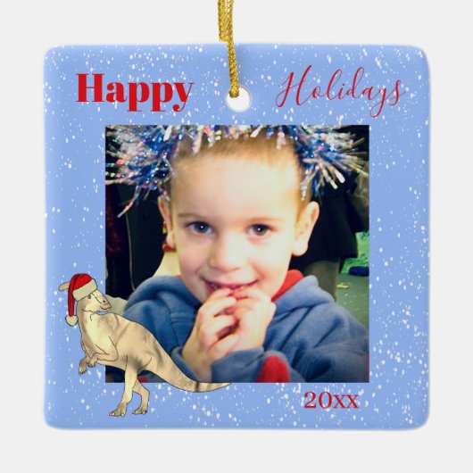 Dinosaur kerstfoto kinder keepomwille keramisch ornament (Voorkant)