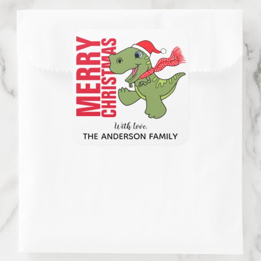 Dinosaur-kerstlabel Vierkante Sticker (Tas)