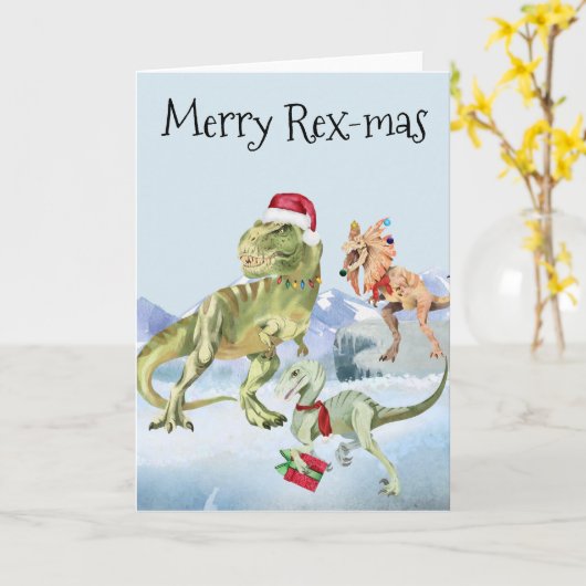 Dinosaur Kerstman Tyrannosaur Raptor Merry Rex Kaart (Gele Bloem)